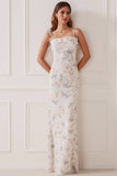 Floral White Sheath Spaghetti Straps Long Bridesmaid Dress