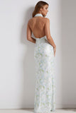 Floral Light Blue Mermaid Halter Neck Long Bridesmaid Dress