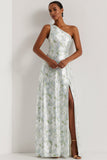 Floral Light Blue One Shoulder Long Bridesmaid Dress with Slit