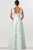 Floral Light Blue Thick Straps A Line Long Bridesmaid Dress with Bows