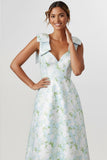 Floral Light Blue Thick Straps A Line Long Bridesmaid Dress with Bows