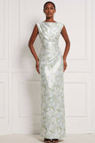 Floral Light Blue Bateau Neck Ruched Long Bridesmaid Dress