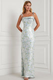 Floral Light Blue Spaghetti Straps Mermaid Long Bridesmaid Dress