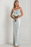 Floral Light Blue Spaghetti Straps Mermaid Long Bridesmaid Dress