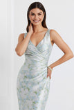 Floral Light Blue V-Neck Ruched Long Bridesmaid Dress