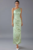 Floral Green One Shoulder Ruched Long Bridesmaid Dress