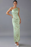Floral Green One Shoulder Ruched Long Bridesmaid Dress
