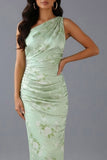 Floral Green One Shoulder Ruched Long Bridesmaid Dress