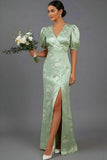 Floral Green V-Neck Puff Sleeves Long Bridesmaid Dress with Slit