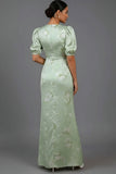 Floral Green V-Neck Puff Sleeves Long Bridesmaid Dress with Slit