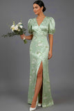 Floral Green V-Neck Puff Sleeves Long Bridesmaid Dress with Slit