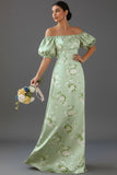 Floral Green Off the Shoulder Puff Sleeves Long Bridesmaid Dress