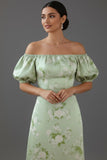 Floral Green Off the Shoulder Puff Sleeves Long Bridesmaid Dress