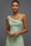 Floral Green One Shoulder Long Bridesmaid Dress with Slit