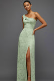 Floral Green One Shoulder Long Bridesmaid Dress with Slit