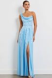 Floral Blue Sheath One Shoulder Long Bridesmaid Dress with Slit