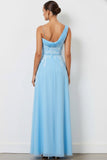 Floral Blue Sheath One Shoulder Long Bridesmaid Dress with Slit