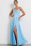 Floral Blue Sheath One Shoulder Long Bridesmaid Dress with Slit