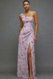 Floral Lilac One Shoulder Long Bridesmaid Dress with Slit
