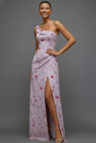 Floral Lilac One Shoulder Long Bridesmaid Dress with Slit
