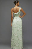 Green Floral One Shoulder Long Bridesmaid Dress with Slit