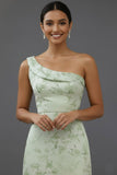 Green Floral One Shoulder Long Bridesmaid Dress with Slit