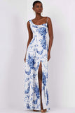 Floral White and Blue Asymmetrical Neck Bridesmaid Dress with Slit