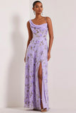 Floral Lilac Asymmetrical Neck Corset Bridesmaid Dress with Slit