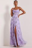 Floral Lilac Asymmetrical Neck Corset Bridesmaid Dress with Slit