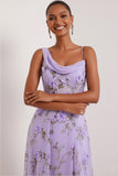 Floral Lilac Asymmetrical Neck Corset Bridesmaid Dress with Slit