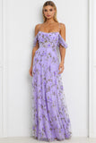 Floral Lilac Cold Shoulder Long Corset Bridesmaid Dress