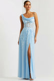 Floral Blue Asymmetrical Neck Long Corset Prom Dress with Slit