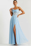 Floral Blue Asymmetrical Neck Long Corset Prom Dress with Slit