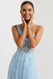 Floral Blue Asymmetrical Neck Long Corset Prom Dress with Slit