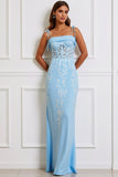 Floral Blue Spaghetti Straps Maxi Corset Prom Dress