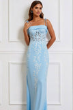 Floral Blue Spaghetti Straps Maxi Corset Prom Dress