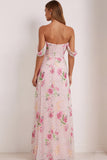 Floral Pink Sparkly Off The Shoulder Maxi Prom Dress with Beading