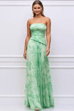 Floral Light Green Strapless Ruched Maxi Bridesmaid Dress