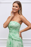 Floral Light Green Strapless Ruched Maxi Bridesmaid Dress