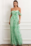 Light Green Floral Chiffon A Line Maxi Flowy Wedding Guest Dress