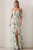 Floral Green Off the Shoulder Ruched Long Bridesmaid Dress with Slit