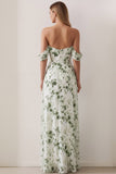 Floral Green Off the Shoulder Ruched Long Bridesmaid Dress with Slit