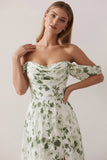 Floral Green Off the Shoulder Ruched Long Bridesmaid Dress with Slit