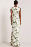 Floral Green Mermaid Bateau Neck Ruched Long Bridesmaid Dress
