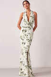 Floral Green Mermaid Halter Neck Long Bridesmaid Dress with Slit