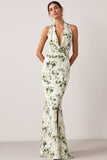 Floral Green Mermaid Halter Neck Long Bridesmaid Dress with Slit