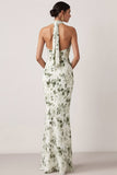 Floral Green Mermaid Halter Neck Long Bridesmaid Dress with Slit