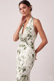 Floral Green Mermaid Halter Neck Long Bridesmaid Dress with Slit