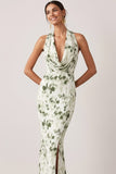 Floral Green Mermaid Halter Neck Long Bridesmaid Dress with Slit