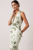 Floral Green Mermaid Halter Neck Long Bridesmaid Dress with Slit